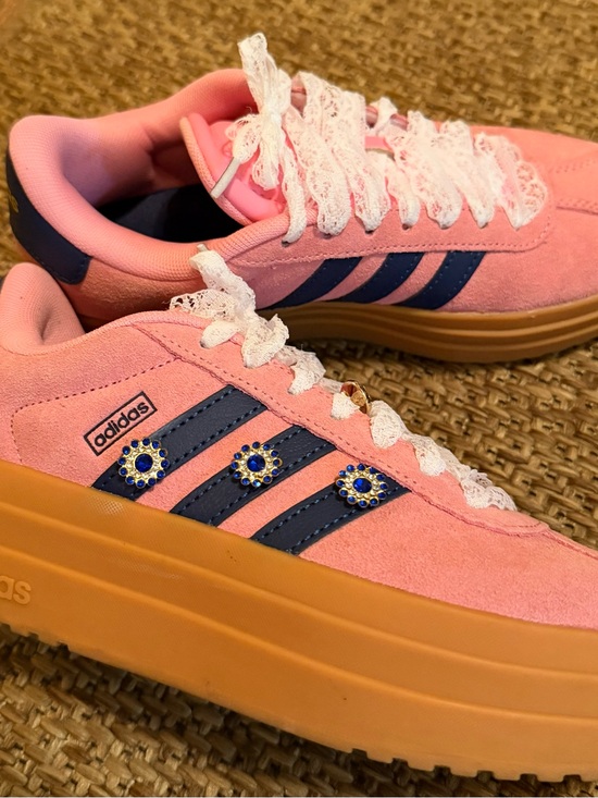 adidas Shoes - Adidas Pink Suede Platform Sneakers Navy Stripes Up-Cycled and Embellished Y5